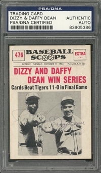 1961 Nu-Card Scoops #476 "Dizzy and Daffy Dean Win Series" Multi-Signed Card – Signed by Both Players – PSA/DNA Authentic